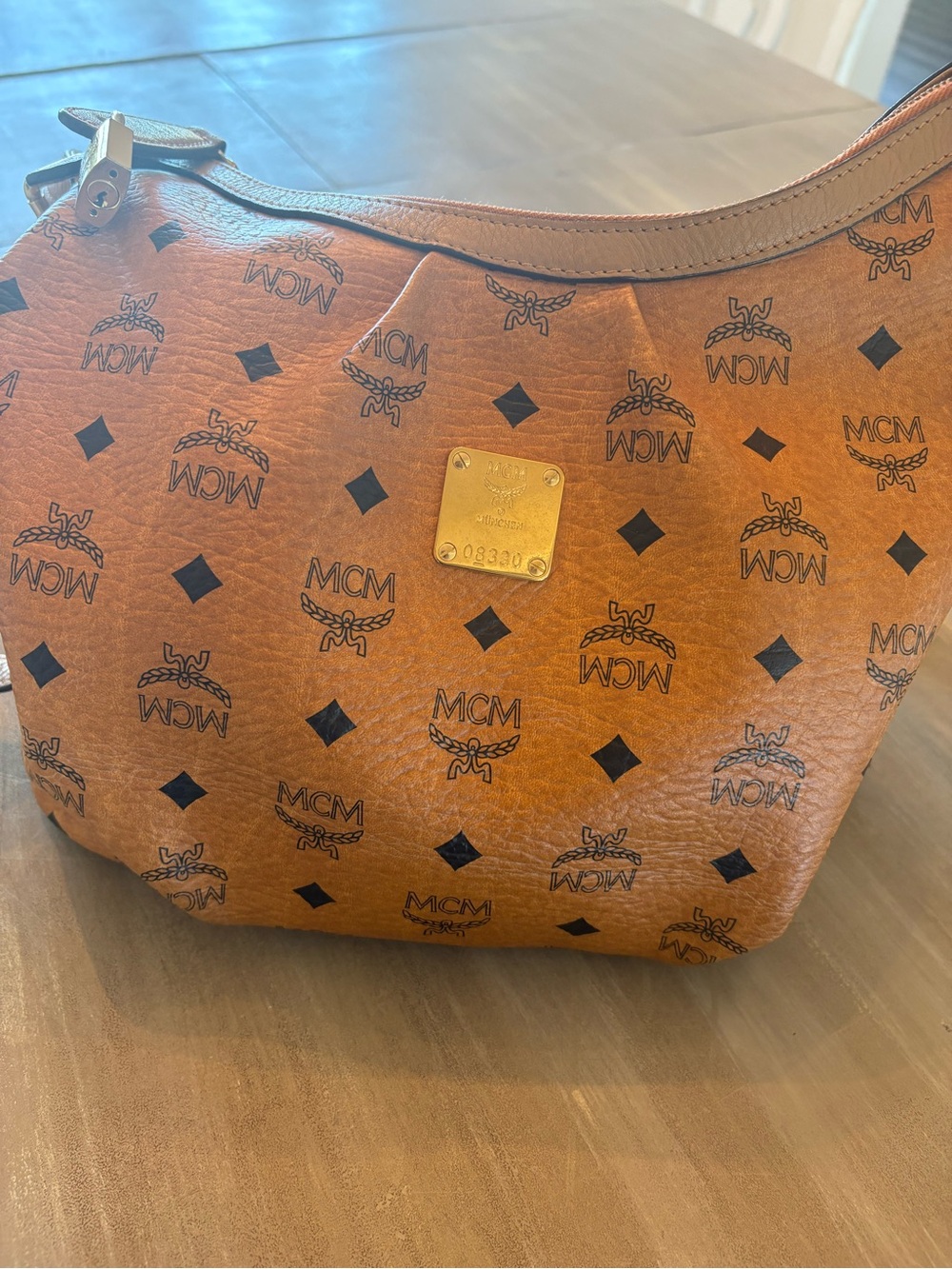 MCM Cognac Logo Visetos Shoulder Bag with Gold Plaque